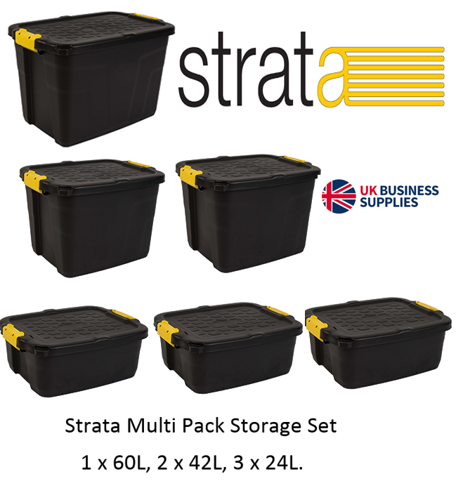 Strata Heavy duty Black 42L Plastic Stackable Storage box & Lid