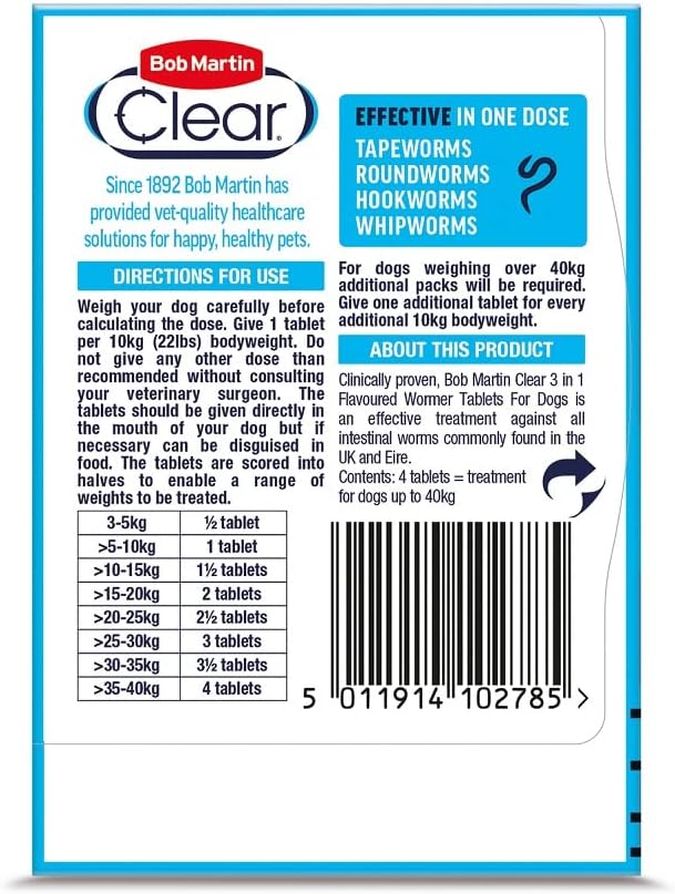 Bob Martin Clear 3-in-1 Wormer for Dogs (4 Tablets) - For Medium to Large Dogs