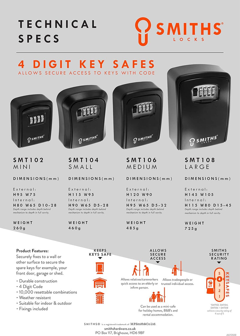 Smiths Locks 4 Digit Combination Indoor Outdoor Secure Key Lock Safe - Medium