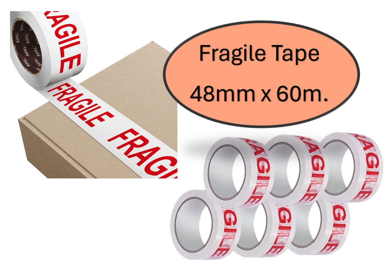 Fragile White & Red Packaging Tape Rolls 48mmx66m {6 Rolls}