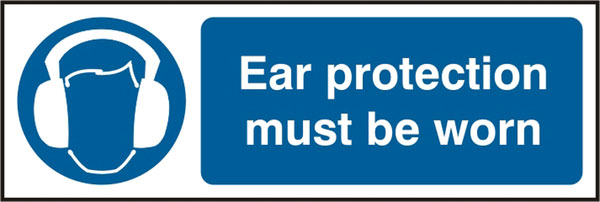 Ear Protection Must Be Worn Sign White/Blue 300X100mm