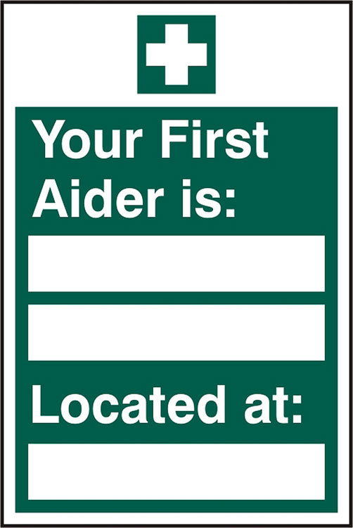 Beeswift First Aider Located Sign Self Adhesive Green 200X300mm Box 5's