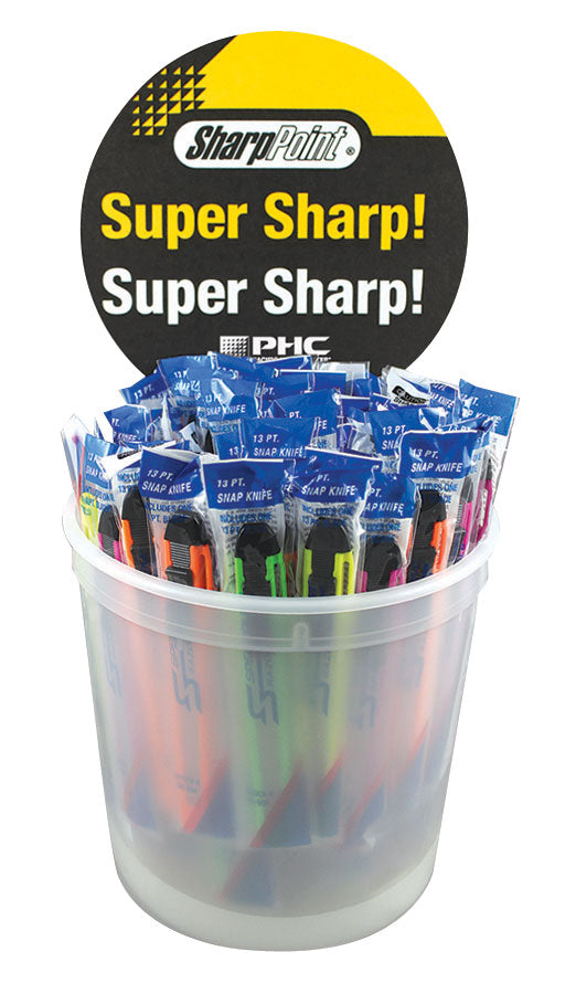 Phc Counter Top Display Bucket With 75 Assorted Snap Off Knives Clear