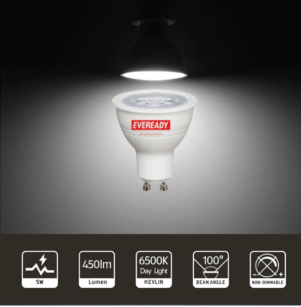 Eveready 4.7w GU10 6500k LED Bulb - Daylight 10,000 Hour Bulbs.