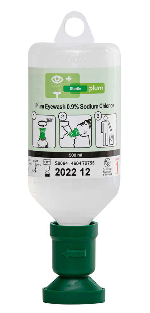 Plum Safety Eyewash 500ml 0.9% Sodium Chloride With Eyecup Green 500ml