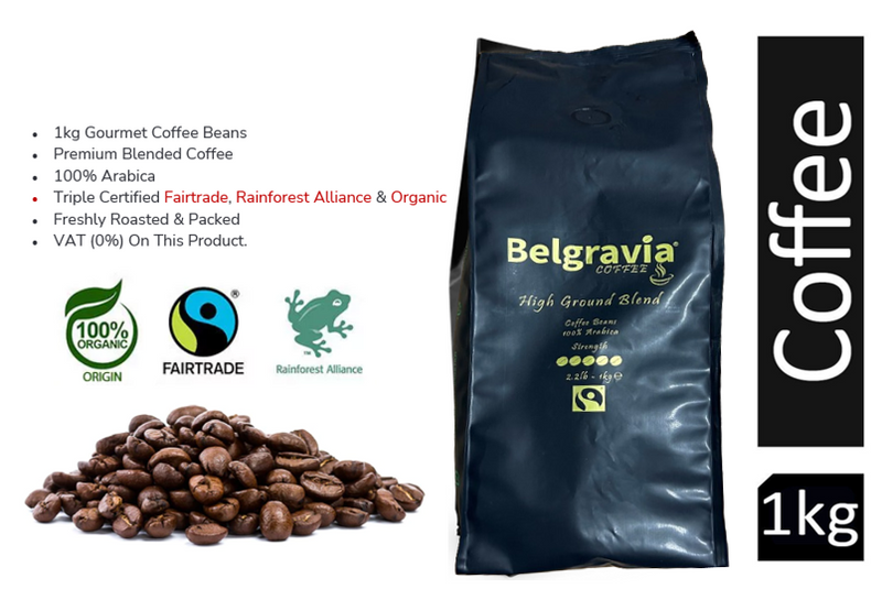 Belgravia High-Ground Blend 1kg Fairtrade/Organic & Rainforest Alliance Certified Coffee Beans, 100% Arabica