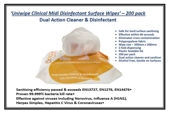 Uniwipe Large Clinical Disinfectant Surface Wipes 200's