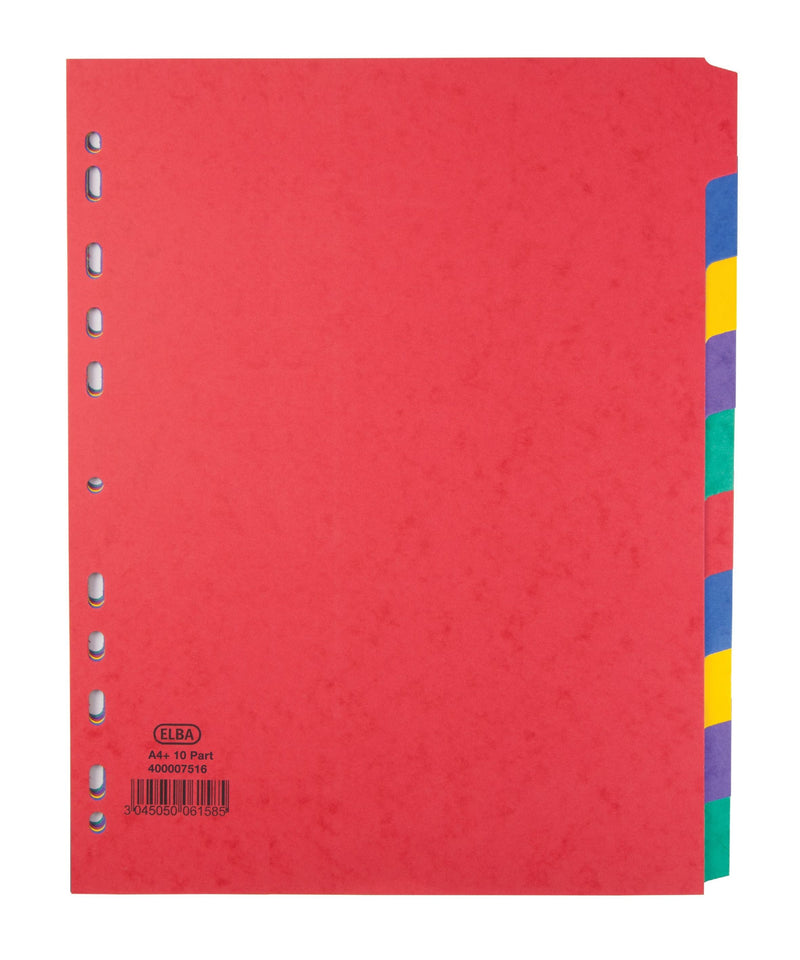 Elba Coloured Pressboard Dividers A4+ Euro Punched 10 Part 400007516 - ONE CLICK SUPPLIES