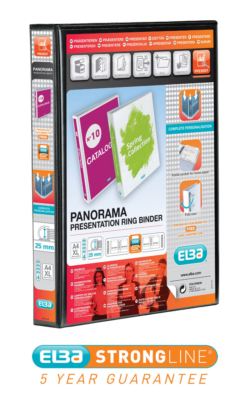 Elba Panorama Presentation Ring Binder Polypropylene 4 D-Ring A4+ 25mm Rings Black (Pack 6) - 400008414 - ONE CLICK SUPPLIES