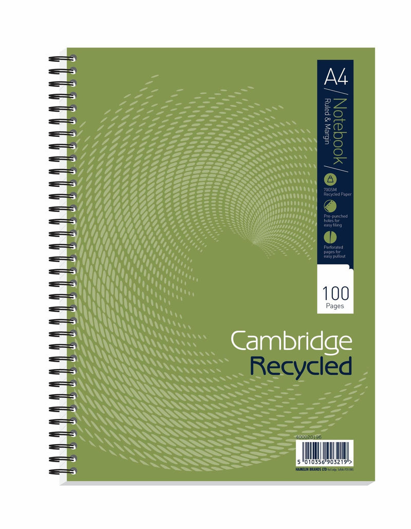 Cambridge Notebook A4 Recycled Card Cover Wirebound Ruled Margin 100 Pages (Pack 5) 400020196 - ONE CLICK SUPPLIES