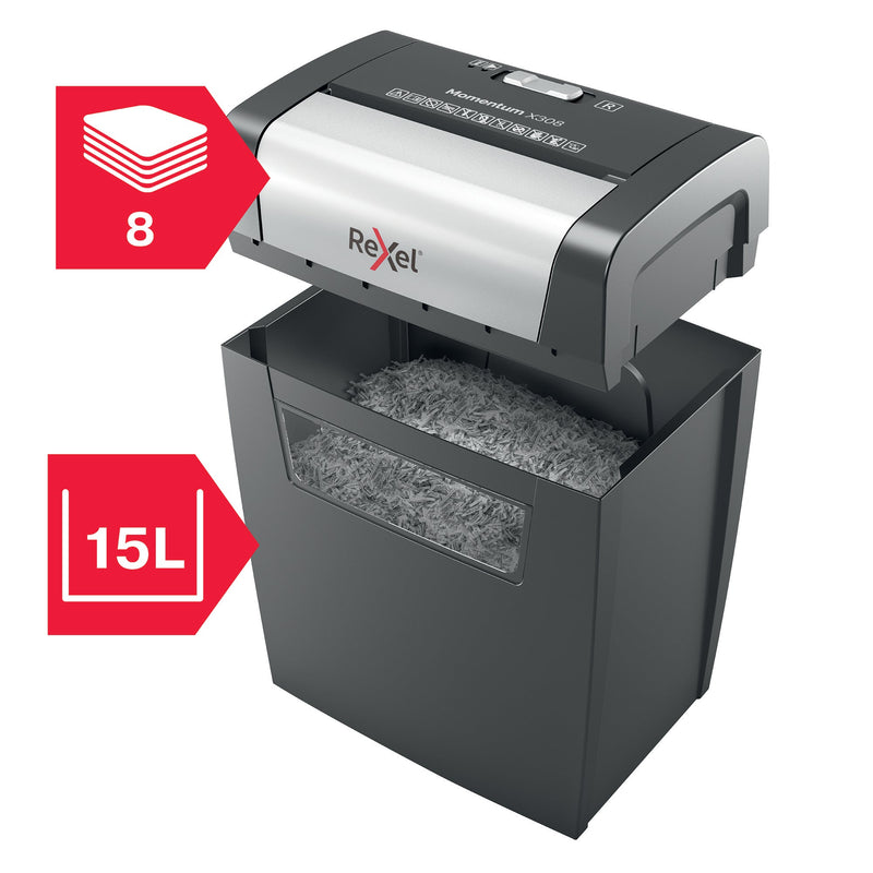 Rexel Momentum X308 Cross Cut Shredder 15 Litre 8 Sheet Black 2104570 - ONE CLICK SUPPLIES