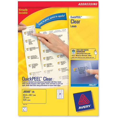 Avery Mini Labels Inkjet 65 per Sheet 38.1x21.2mm Clear Ref J8551-25 [1625 Labels] - ONE CLICK SUPPLIES