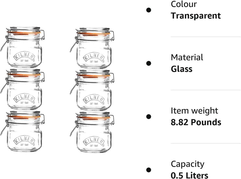 Kilner Branded 0.5 Litre Square Glass Clip Top Preservation Storage Jar.