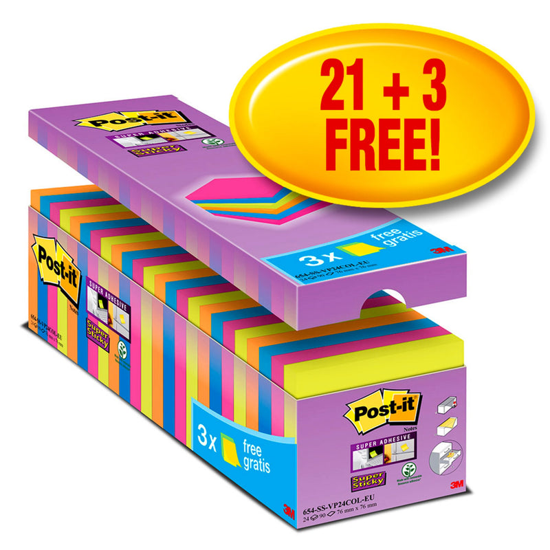 Post-it Super Sticky Notes 76x76mm 90 Sheets Assorted (Pack of 12