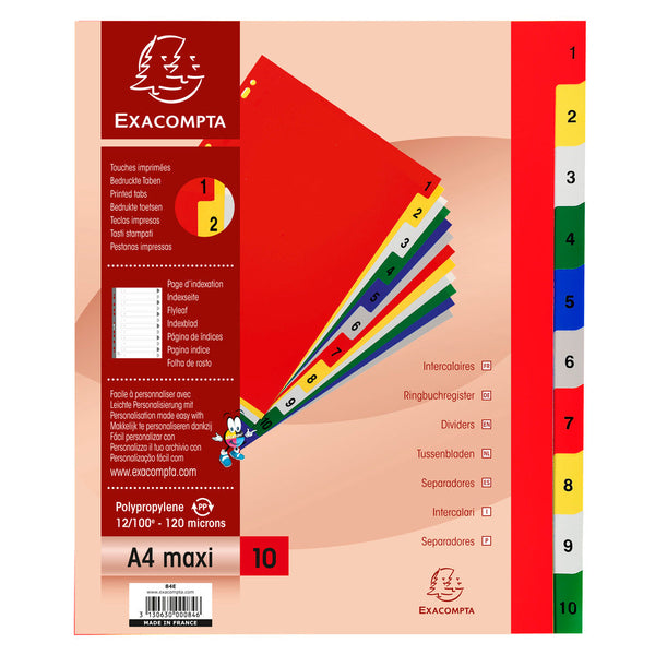 Exacompta Index 1-10 A4 Extra Wide 120 Micron Polypropylene Bright Assorted Colours - 84E - ONE CLICK SUPPLIES