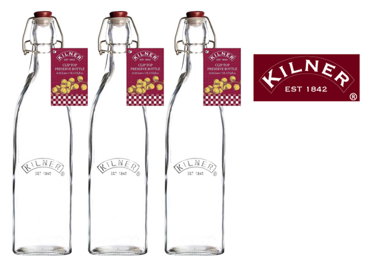 Kilner Branded Traditional Vintage Style Square Airtight Clip Top Preserve Glass Bottles, 1L