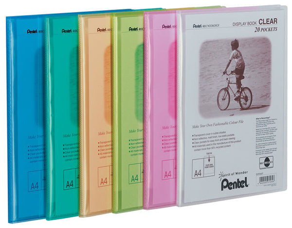 Pentel Recycology A4 Display Book Clear 20 Pocket Assorted Colours (Pack 5) - DCF242/MIX - ONE CLICK SUPPLIES