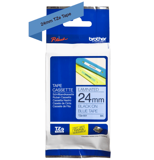 Brother Glossy Black On Blue Label Tape 24mm x 8m - TZE551 - ONE CLICK SUPPLIES