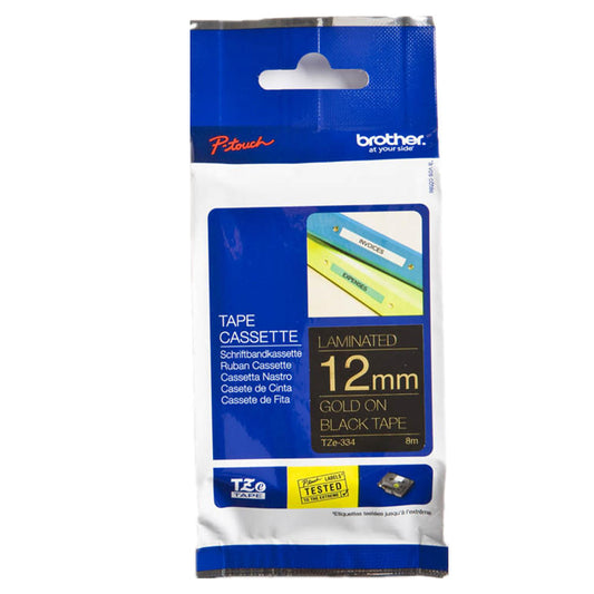 Brother Glossy Gold On Black Label Tape 12mm x 8m - TZE334 - ONE CLICK SUPPLIES