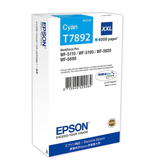 Epson T7892XXL Cyan High YieId Ink Cartridge 34ml - C13T789240 - ONE CLICK SUPPLIES