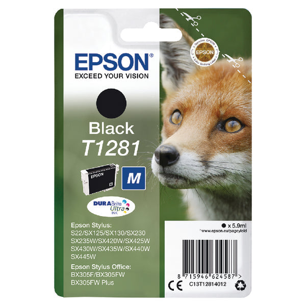 Epson T1281 Fox Black Standard Capacity Ink Cartridge 6ml - C13T12814012 - ONE CLICK SUPPLIES