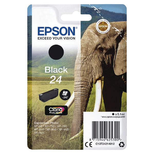 Epson 24 Elephant Black Standard Capacity Ink Cartridge 5ml - C13T24214012 - ONE CLICK SUPPLIES