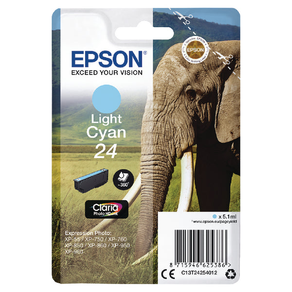 Epson 24 Elephant Light Cyan Standard Capacity Ink Cartridge 5ml - C13T24254012 - ONE CLICK SUPPLIES