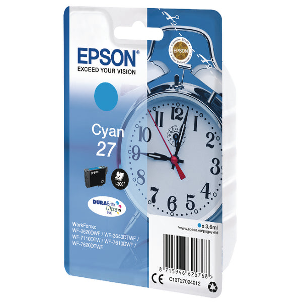 Epson 27 Alarm Clock Cyan Standard Capacity Ink Cartridge 4ml - C13T27024012 - ONE CLICK SUPPLIES