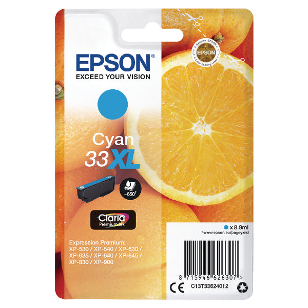 Epson 33XL Oranges Cyan High Yield Ink Cartridge 9ml - C13T33624012 - ONE CLICK SUPPLIES