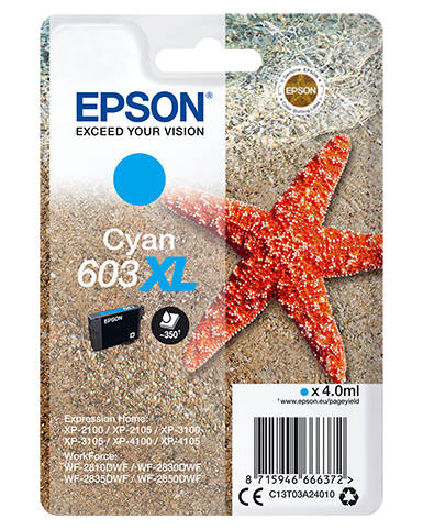 Epson 603XL Starfish Cyan High Yield Ink Cartridge 4ml - C13T03A24010 - ONE CLICK SUPPLIES