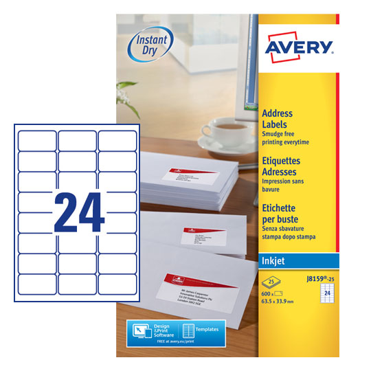 Avery Inkjet Address Label 63.5x34mm 24 Per A4 Sheet White (Pack 600 Labels) J8159-25 - ONE CLICK SUPPLIES