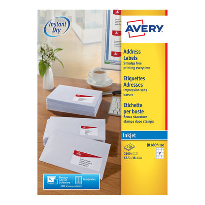 Avery Inkjet Address Label 63.5x38.1mm 21 Per A4 Sheet White (Pack 2100 Labels) J8160-100 - ONE CLICK SUPPLIES