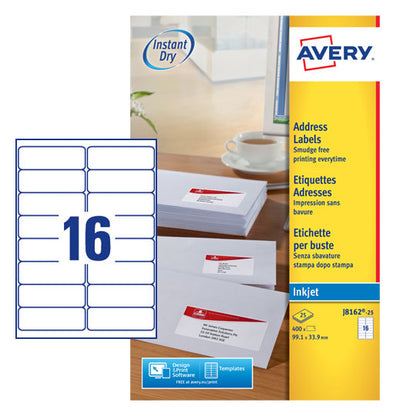 Avery Inkjet Address Label 99x34mm 16 Per A4 Sheet White (Pack 400 Labels) J8162-25 - ONE CLICK SUPPLIES