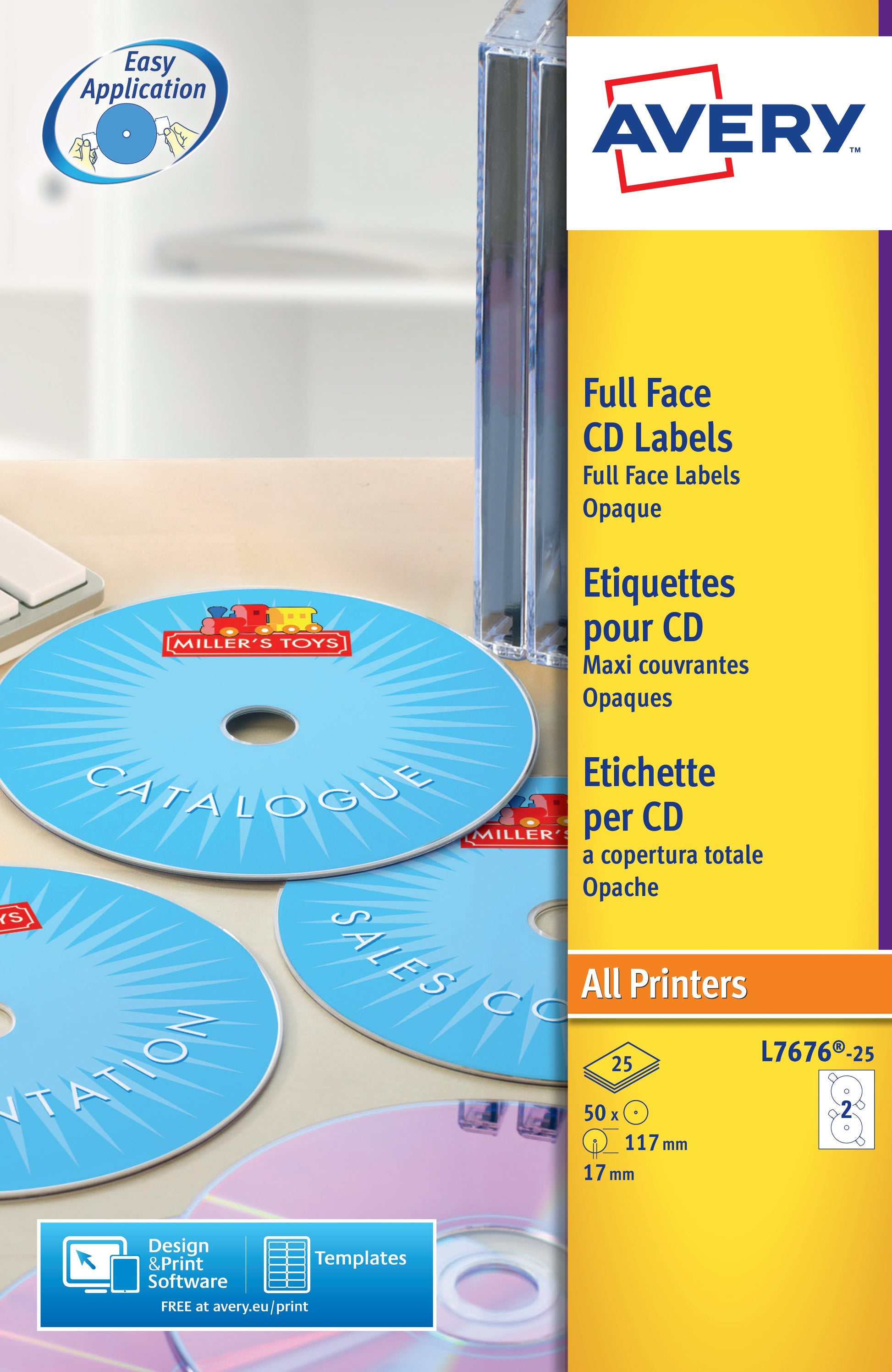 Avery Full Face CD/DVD Matt Label 117mm Diameter 2 Per A4 Sheet White (Pack 50 Labels) L7676-25 - ONE CLICK SUPPLIES