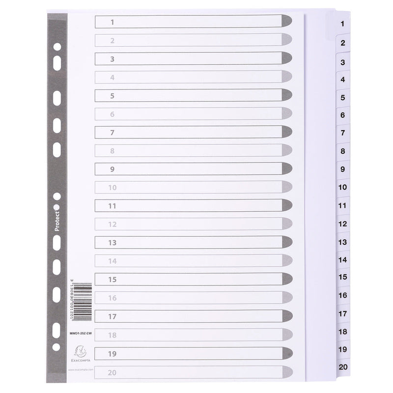 Exacompta Index 1-20 A4 Extra Wide 160gsm Card White with White Mylar Tabs - MWD1-20Z-EW - ONE CLICK SUPPLIES