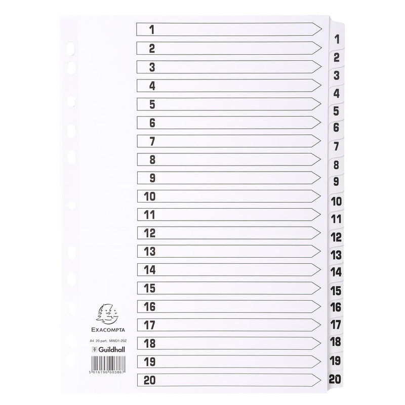 Exacompta Index 1-20 A4 160gsm Card White with White Mylar Tabs - MWD1-20Z - ONE CLICK SUPPLIES