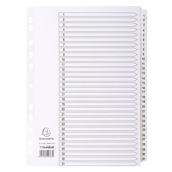 Exacompta Index 1-31 A4 160gsm Card White with White Mylar Tabs - MWD1-31Z - ONE CLICK SUPPLIES