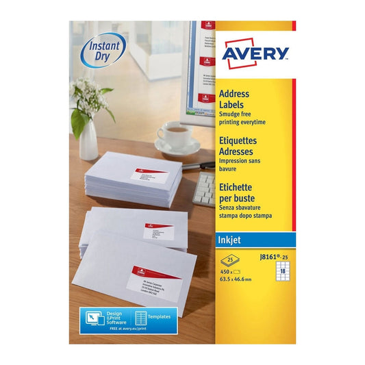 Avery Inkj Label 63.5x46.6mm 18 Per Sheet Wht (Pack of 450) J8161-25 - ONE CLICK SUPPLIES